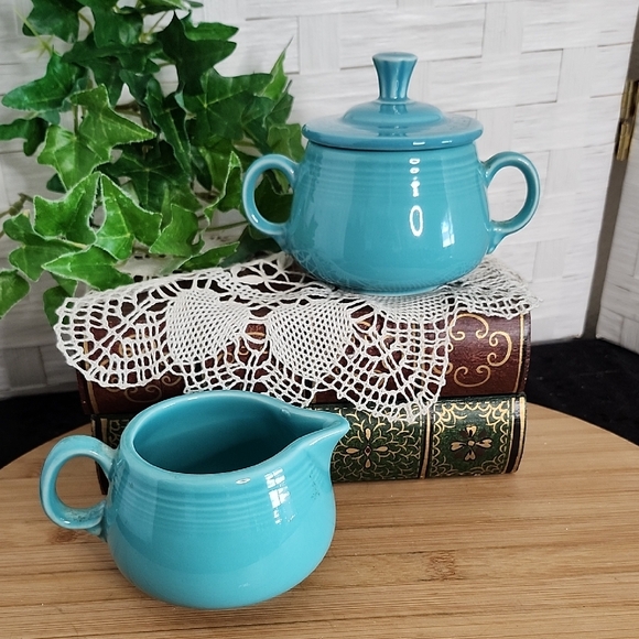 👉FIESTAWARE 3 PC TURQUOISE CREAM & SUGAR BOWL W/ LID ~USA~aka: BLUE GREEN, TEAL - Picture 1 of 8